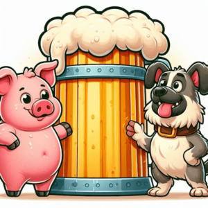 AI generated image of an upright pig and dog flanking a large wooden stein.